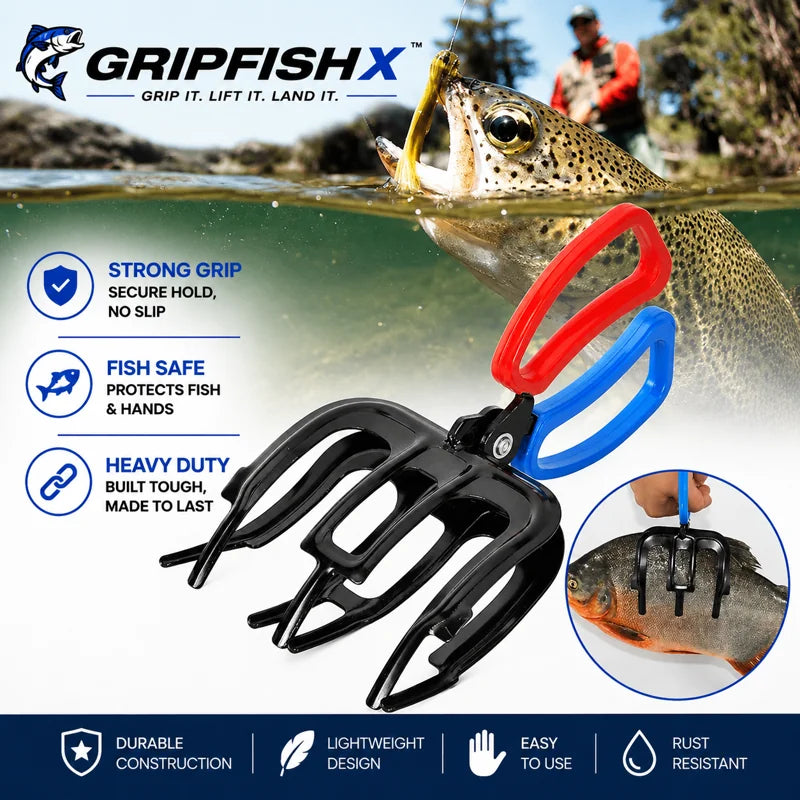 Gripfishx fishing tools with a fish and outdoor background