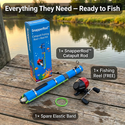 A fishing rod and reel kit displayed on a wooden dock beside a lake, with the SnapperRod retail box included. Text overlays identify the components: 1x SnapperRod Catapult Rod, 1x Fishing Reel (FREE), and 1x Spare Elastic Band.