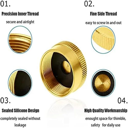Gold plumbing fitting with detailed text on its features against a white background