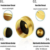 Gold plumbing fitting with detailed text on its features against a white background