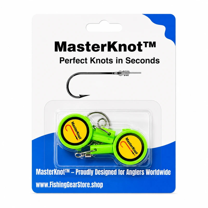 MasterKnot fishing knotting tool packaging with blue and white background