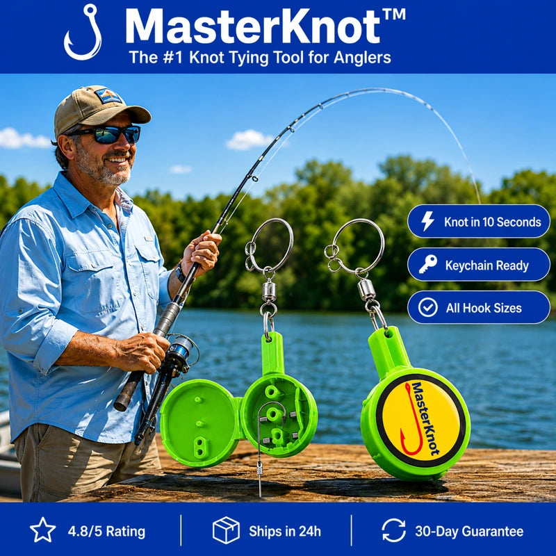 Man holding a fishing rod with MasterKnot knot tying tools against a scenic background