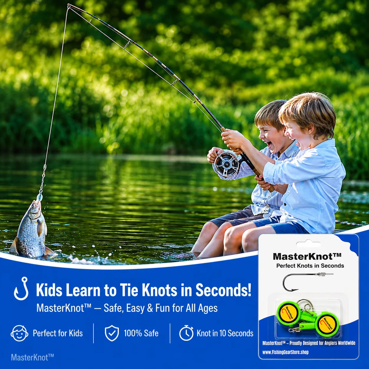 Two children fishing with a caught fish, promotional banner for MasterKnot knot tying product.