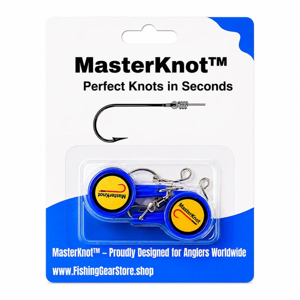 MasterKnot fishing knotting tool packaging with blue and yellow design.