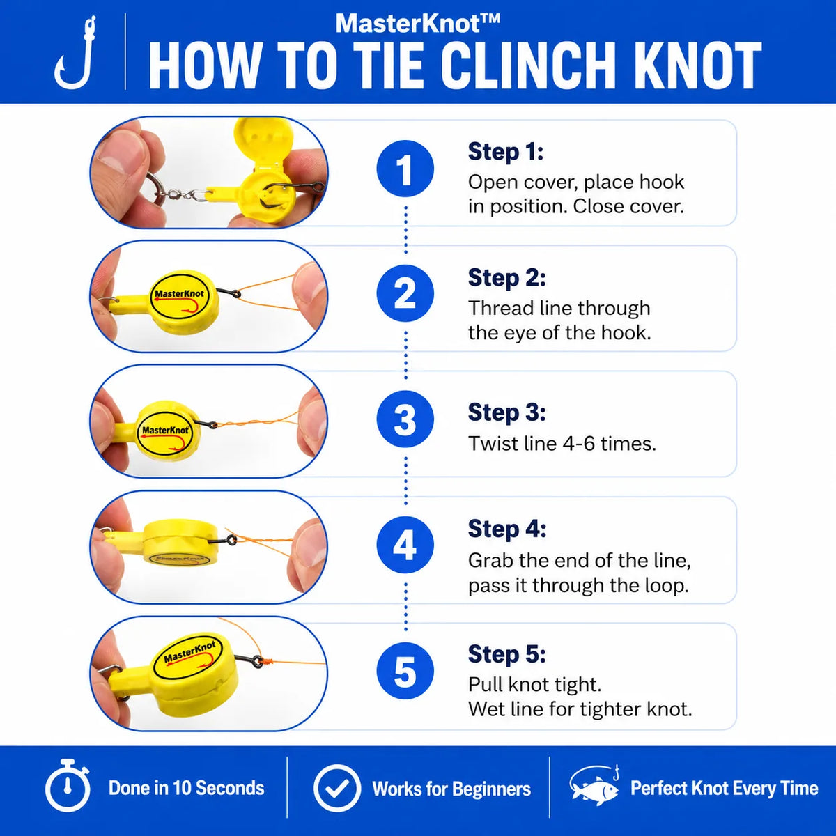 Step-by-step guide on how to tie a Clinch knot with MasterKnot product illustration.
