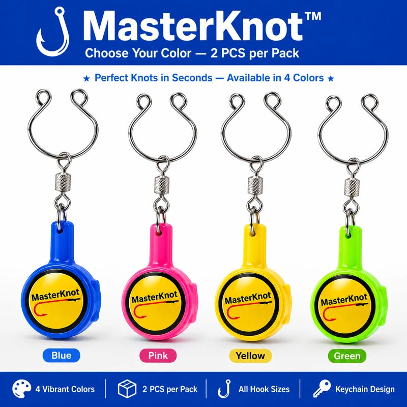 MasterKnot keychain product with blue, pink, yellow, and green options on a white background.