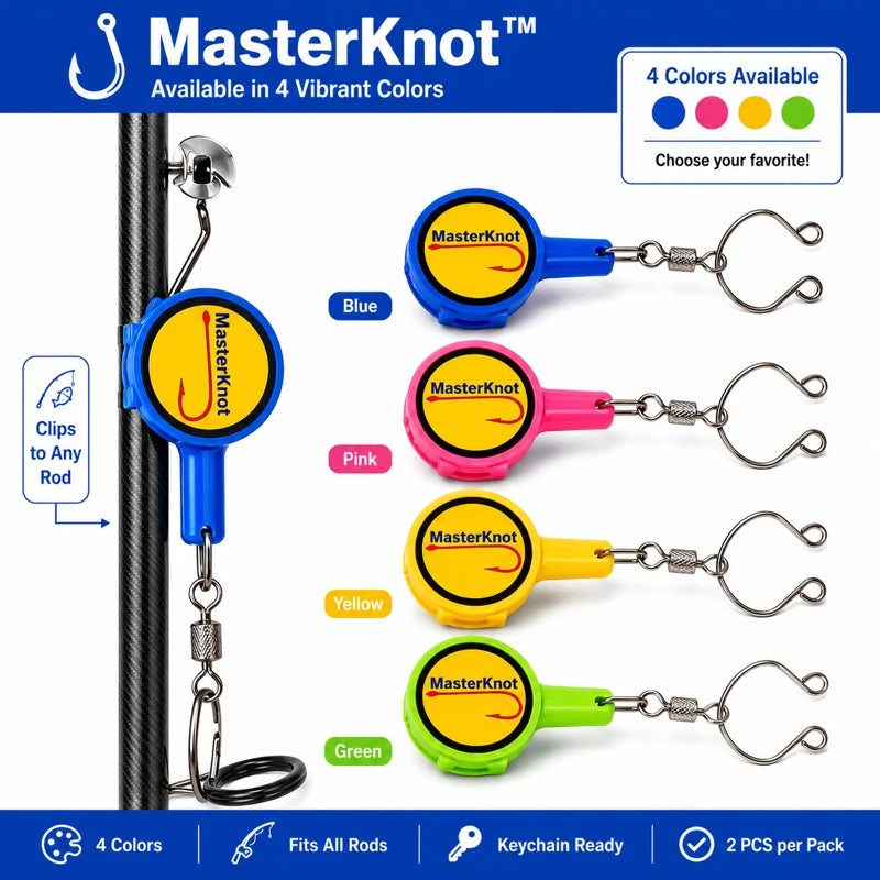 MasterKnot fishing rod holder in various colors with packaging details.