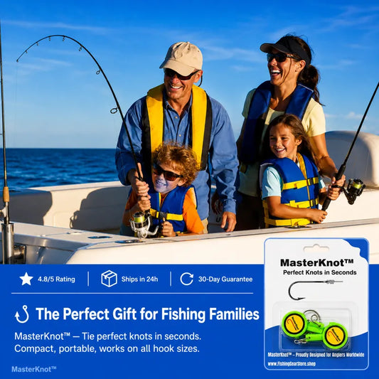 Family on a boat with fishing equipment and MasterKnot product display