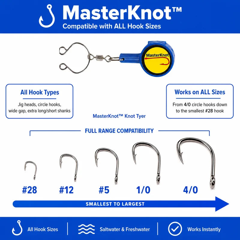 MasterKnot knot tyer with compatibility chart for various fishing hooks.