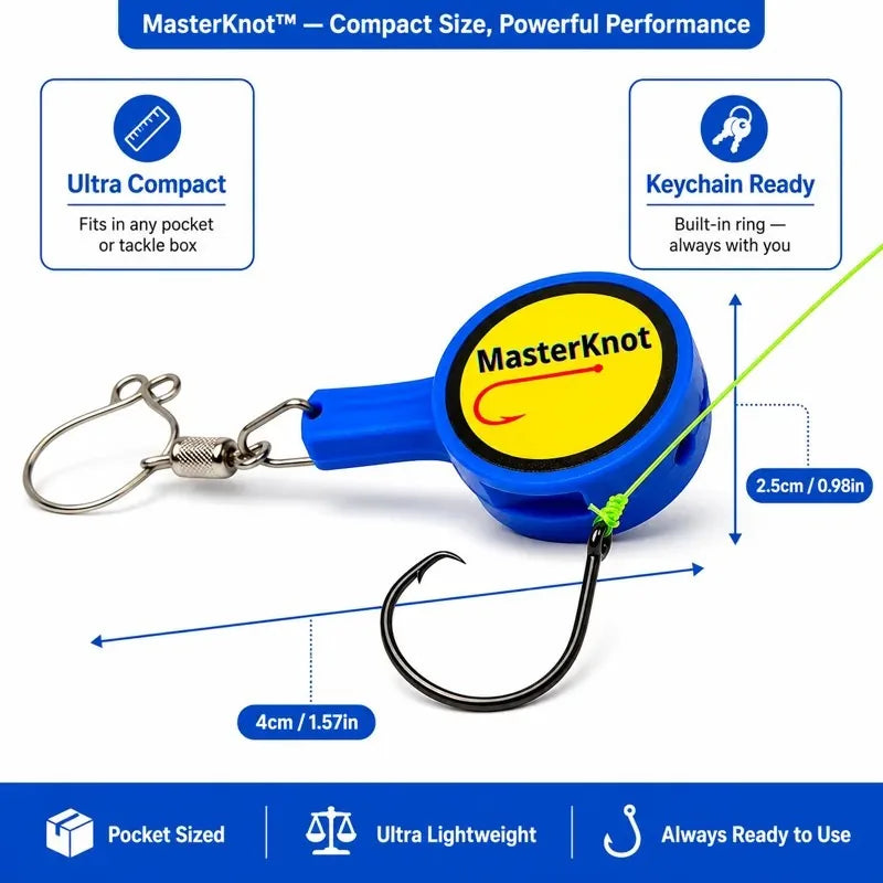 Blue fishing reel with 'MasterKnot' branding on a white background