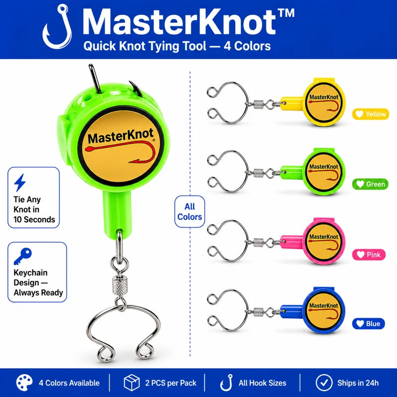 MasterKnot quick knot tying tool with color options on a blue background