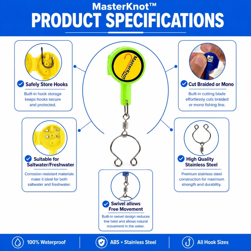 MasterKnot product specifications with a green fishing tool on a blue background
