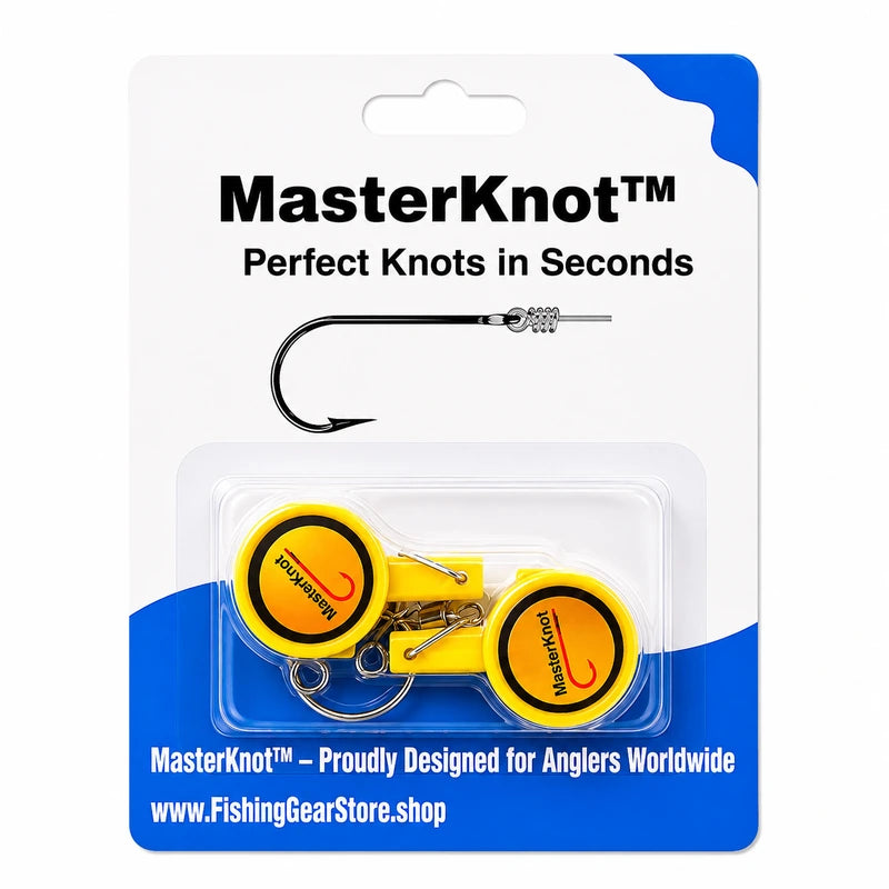 MasterKnot fishing knotting tool packaging with a blue and white background