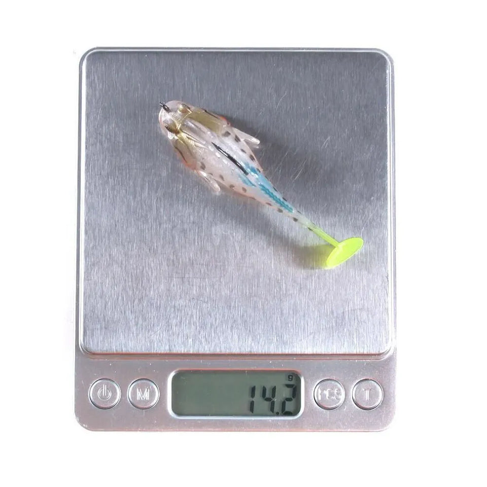 Fishing lure on a digital scale with a white background