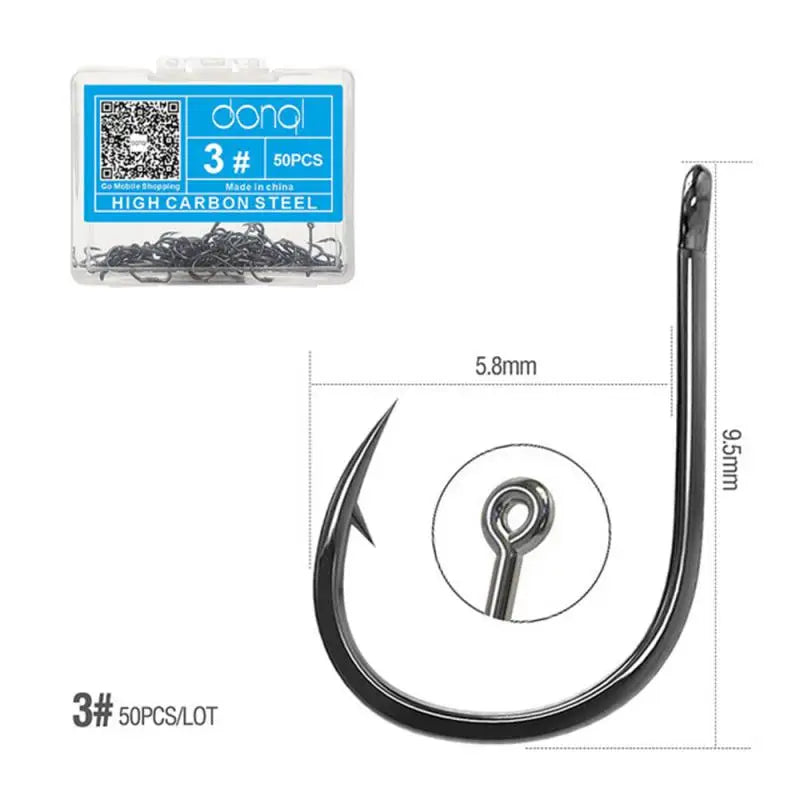 Fishing hook with packaging and measurements on a white background