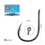 Fishing hook with packaging and measurements on a white background
