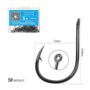 Fishing hook with packaging labeled 'dong' on a white background