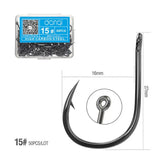 Packaged fishing hooks with size and quantity details on a white background