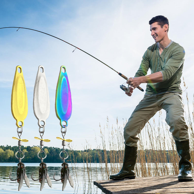 Man fishing with colorful spinnerbaits on a dock by a lake