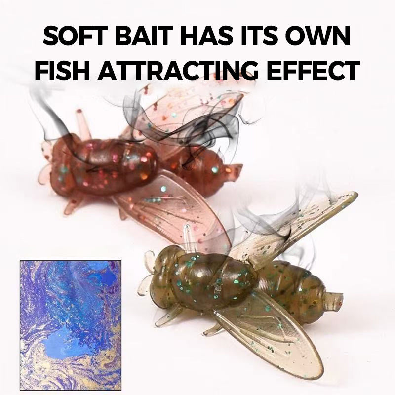 Two soft plastic fly lures with text about their fish-attracting effect on a white background.