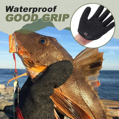 A promotional image featuring a person wearing black fishing gloves with a magnet on the index finger, catching a large fish. The text emphasizes features such as 'Waterproof' and 'Good Grip'.