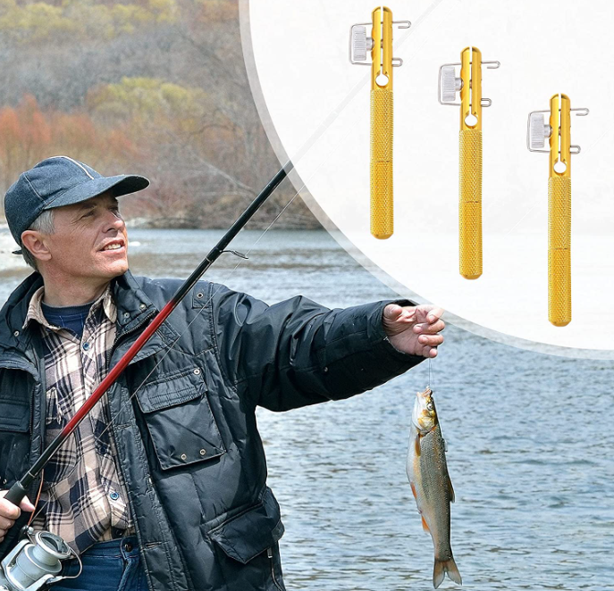 Angler using Fish Line Hook Tie Device for quick setup