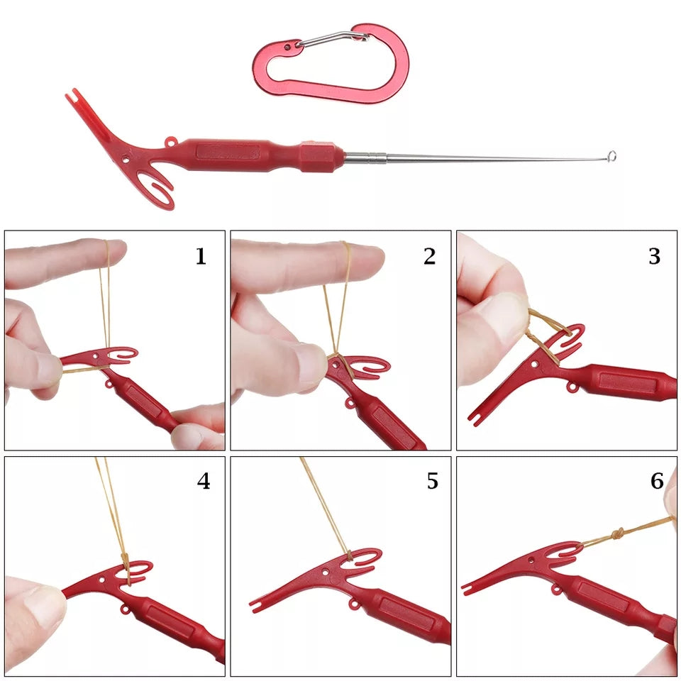 Multi-tool for anglers, showcasing the loop tyer and hook remover functionalities