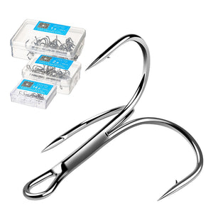 Sharp treble fishing hooks set in a durable storage box.