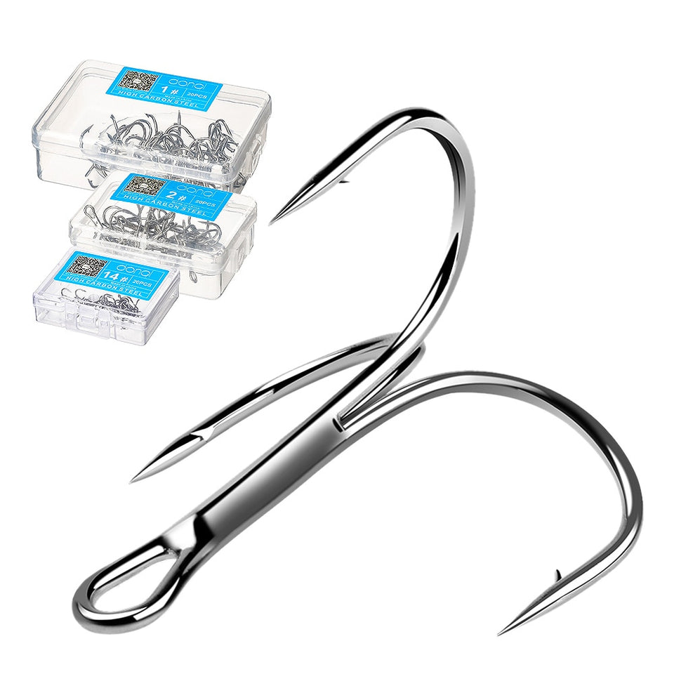 Sharp treble fishing hooks set in a durable storage box.