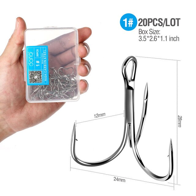 Treble hooks in various sizes for versatile fishing needs.