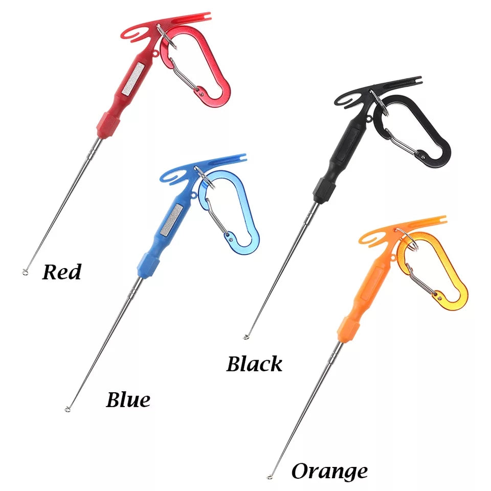 Versatile fishing tool that combines knot-tying, hook removal, and more in a portable design