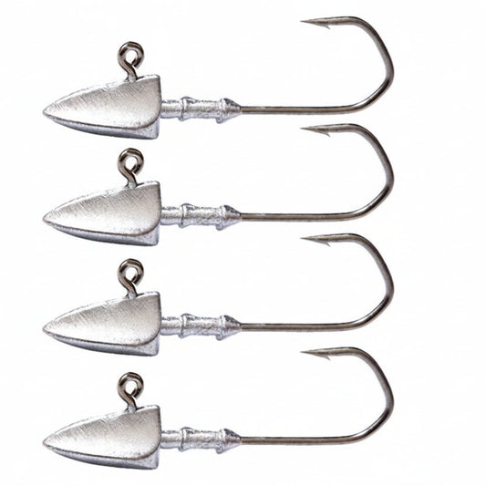 Set of five silver fishing hooks on a white background